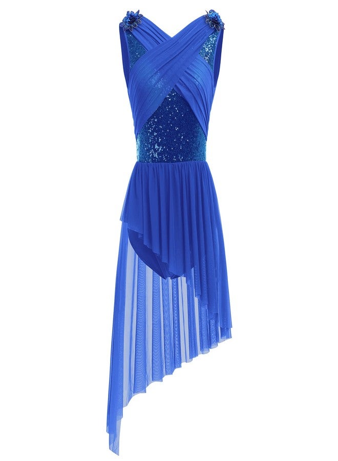 AFAVOM Women's Lyrical Dance Costume Sleeveless V-Neck Sequin Flower Lyrical Dance Dress Asymmetric Flowy Mesh Tulle Skirt Contemporary Dance Costumes Ballet Leotard Dancewear Royal Blue S - Image 1